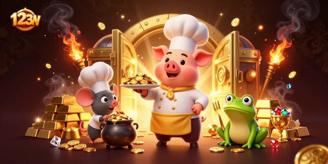 Engage with 123WIN's unique gaming experience featuring gold coins and delightful characters.