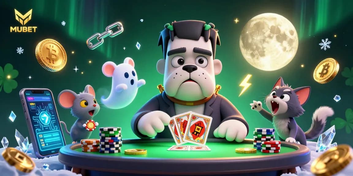MUBET showcases a lively casino scene with Frankenstein bulldog monster, ghost mouse, and werewolf kitten in a thrilling card game.