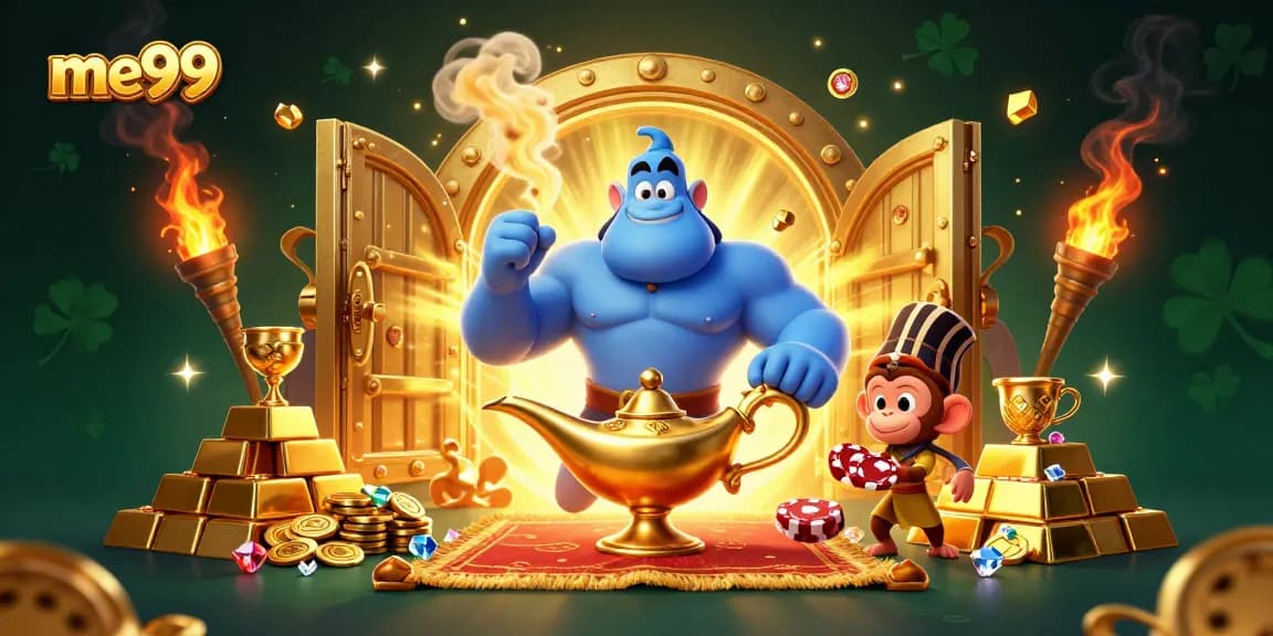 Engage in thrilling online gambling at me99 with a vibrant animated casino scene full of treasures.