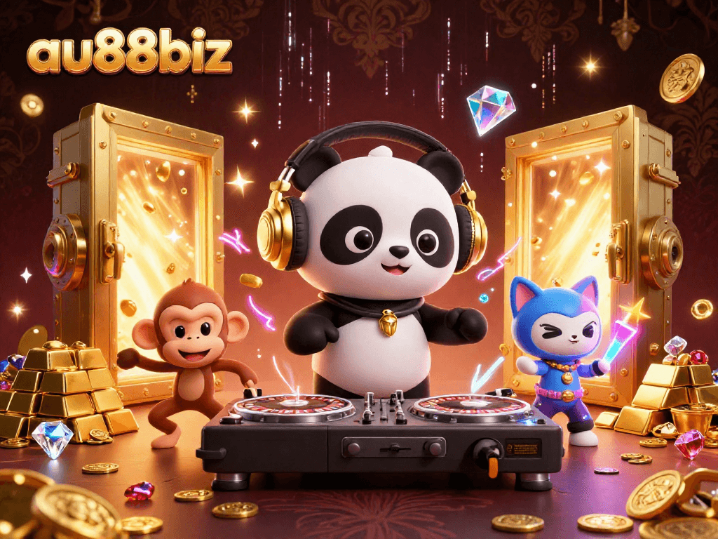 Engage with thrilling gaming at au88biz, featuring dynamic characters amid rich casino visuals, symbolizing high stakes excitement.