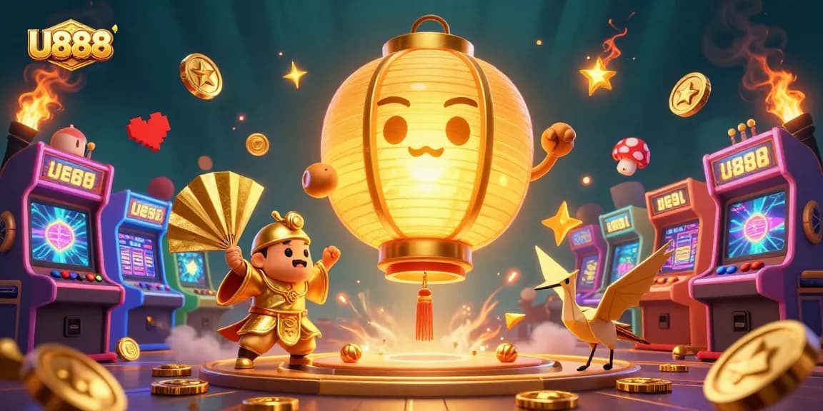 Experience immersive gaming action with U888's vibrant characters and casino elements in a dynamic illustration.
