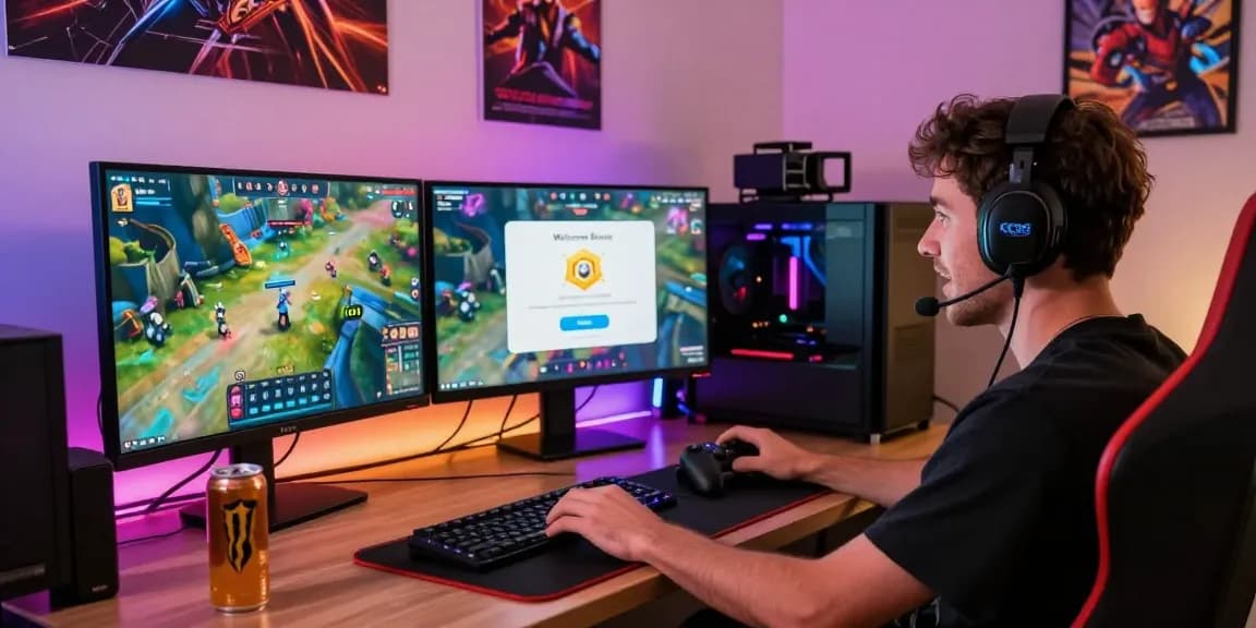 Excited gamer enjoying the KO66 app experience with vibrant setup and gaming gear.