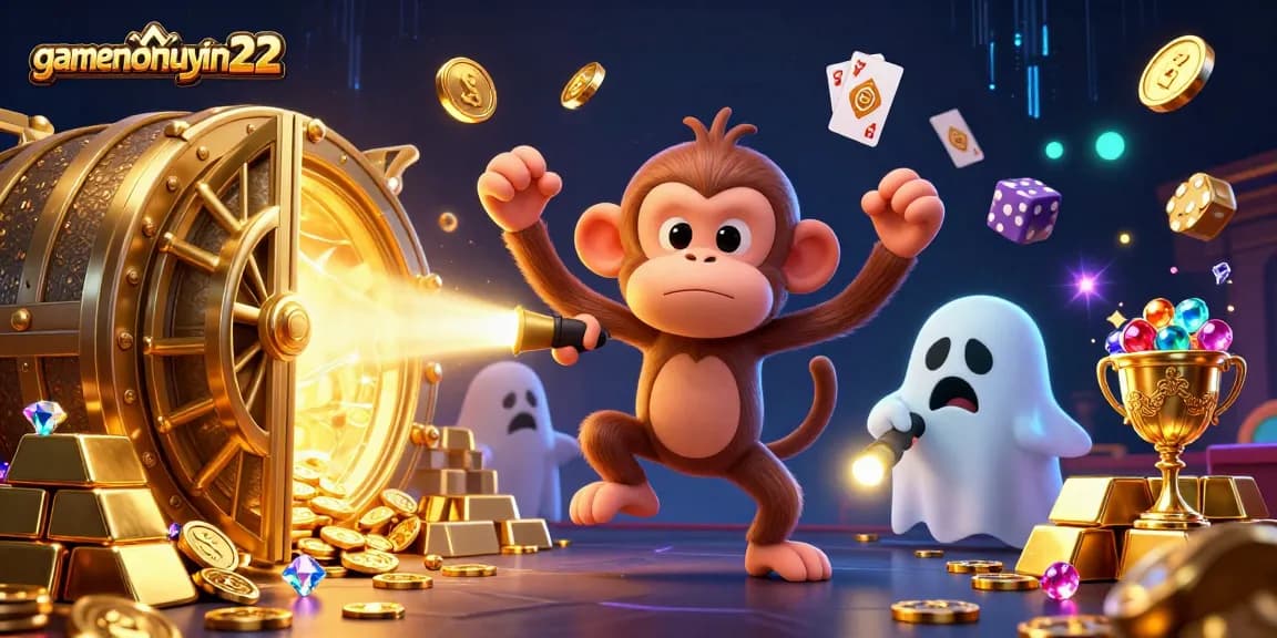 Experience the thrilling game atmosphere at gamenohuuytin22 with a playful ghost-hunter puppy tracking a mischievous monkey.