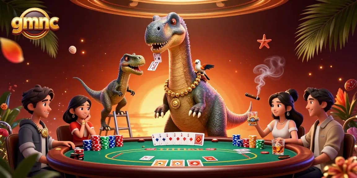 Experience gaming excitement with gmnc featuring a towering brontosaurus at a dynamic poker scene.