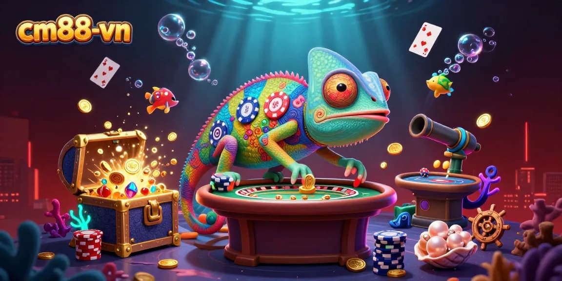 Experience thrilling casino adventures at cm88-vn with a vibrant chameleon owner collecting golden coins.