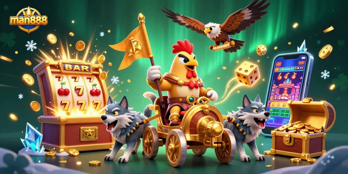 Experience thrilling jackpots with man888's vibrant casino adventure illustration featuring a rooster warlord.