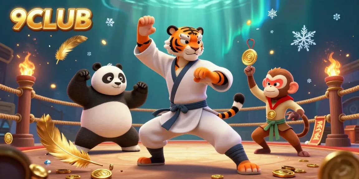 Experience thrilling casino action with 9CLUB, featuring a kung fu tiger master and playful characters in a vibrant setting.