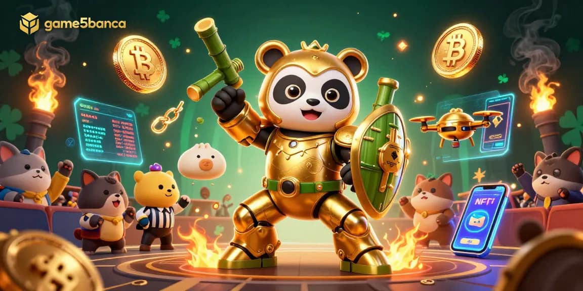 Engage in exciting action with game5banca featuring a golden panda robot battling in a vibrant arena.