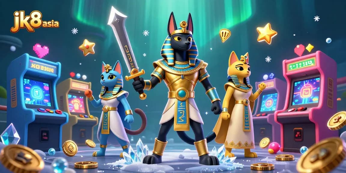 Engage with captivating casino action at jk8 asia featuring Anubis and Bastet surrounded by vibrant gaming elements.
