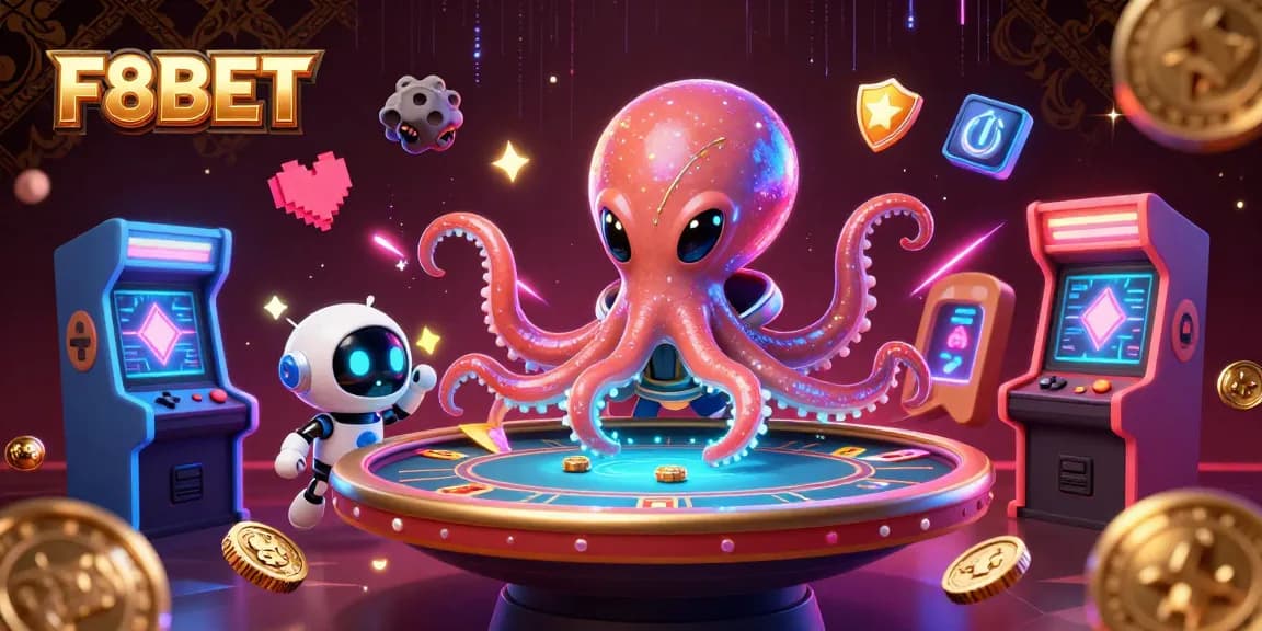 Experience the thrilling world of F8BET casino with alien octopus gaming at a holographic poker table.
