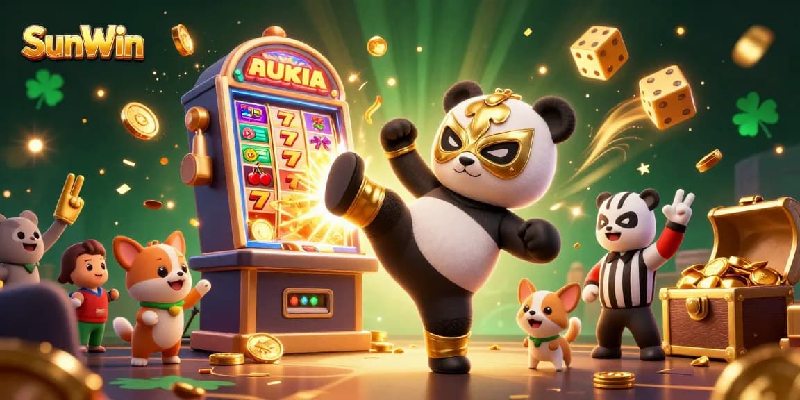 Experience the excitement of SunWin with a dynamic 3D illustration, featuring thrilling slot machines and animated characters.