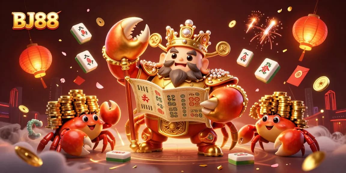 BJ88 Casino's golden crab emperor kingly overseeing dynamic gaming elements, highlighting action and excitement.