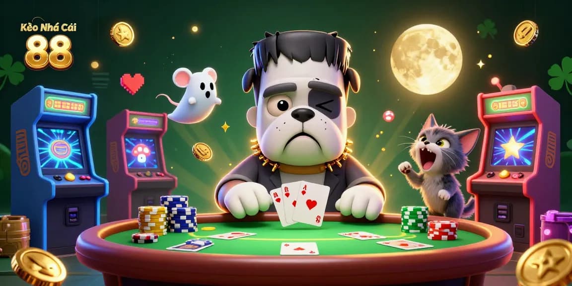 Kèo Nhà Cái 88 showcases a cartoon bulldog monster dealing cards at a lively casino scene filled with colorful game elements.