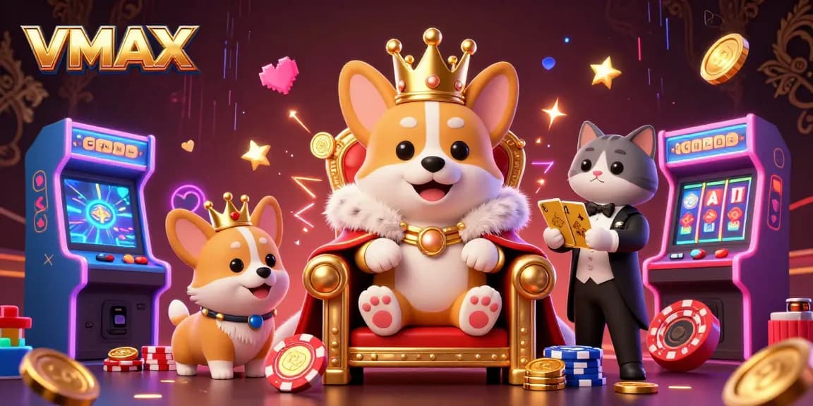 VMAX showcases a royal corgi on a throne surrounded by vibrant casino elements, promising a thrilling gaming experience.