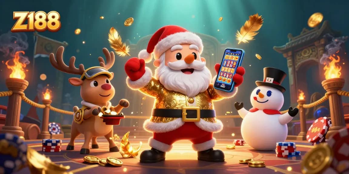 Z188 features Santa Claus and friends celebrating with jackpot slots, capturing the essence of online gambling joy.