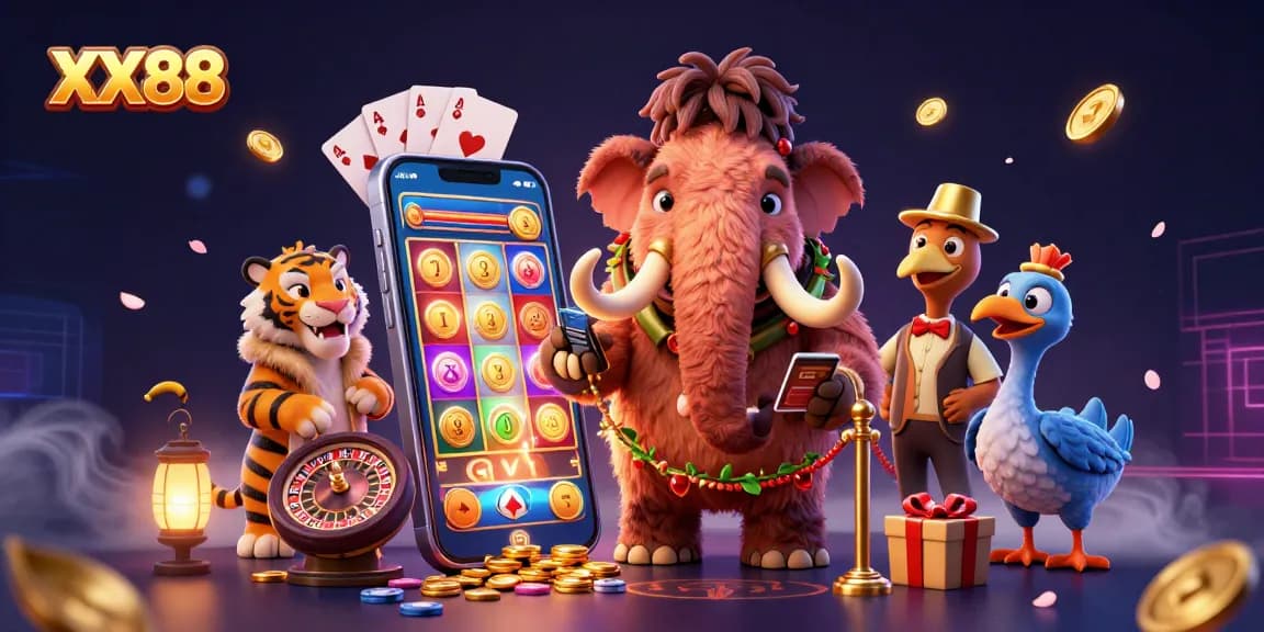 Engage with thrilling games at XX88, featuring a vibrant casino scene with iconic characters.