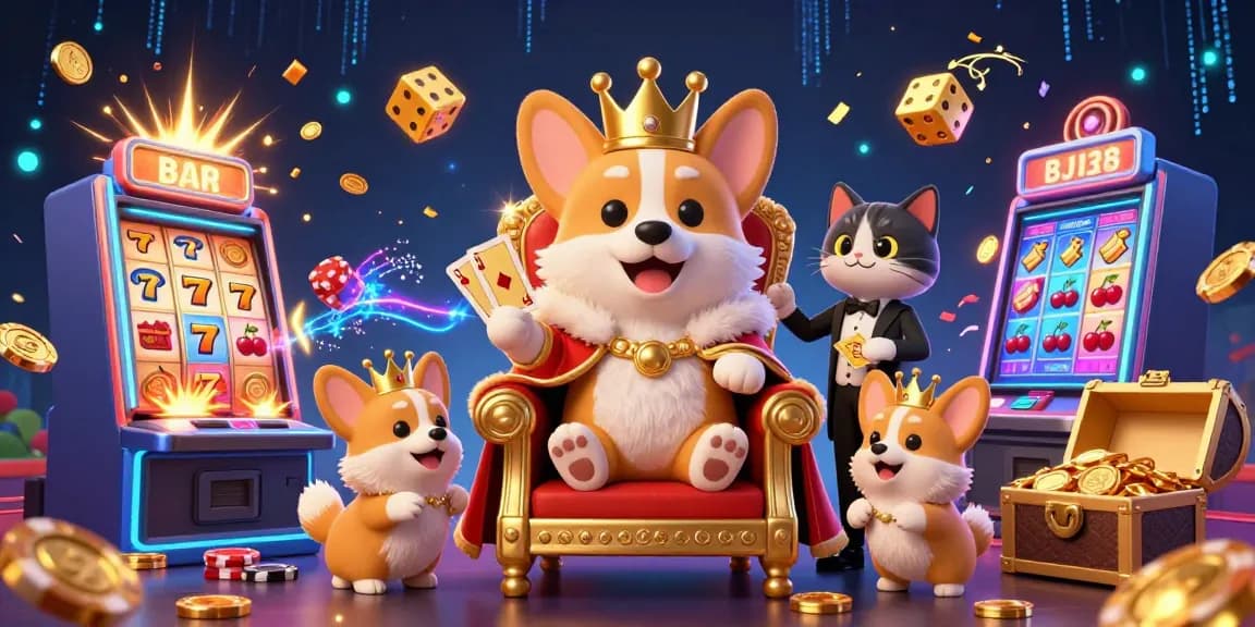 Engage with BJ88's vibrant casino world, featuring a royal corgi on a poker chip throne amidst explosive games.