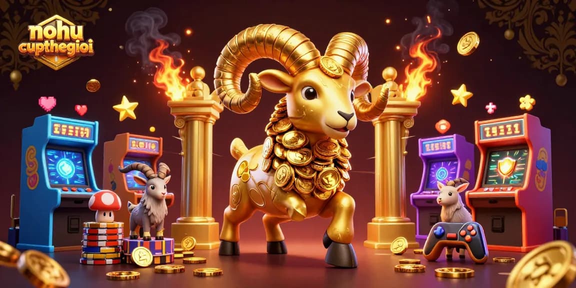 Nohu-cupthegioi showcases a vibrant scene of a golden ram charging through casino-themed elements in 3D