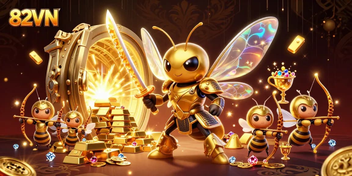 Engage in thrilling gameplay at 82VN online casino, featuring vibrant colors, dynamic characters, and captivating treasures.