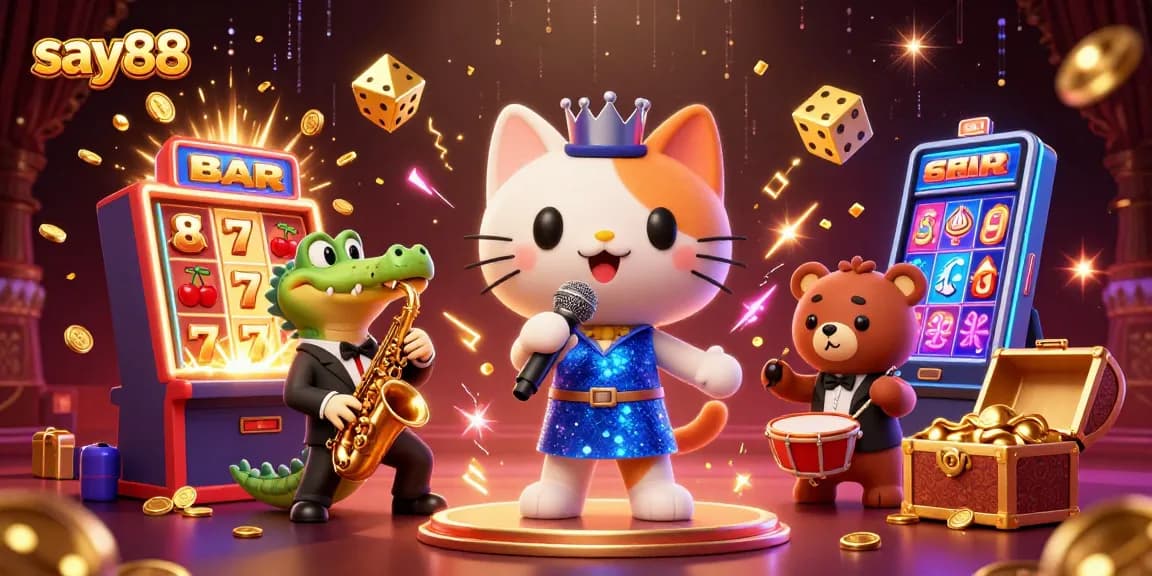 Experience the excitement at say88 with a dynamic casino scene featuring jazz elements and vibrant game visuals.