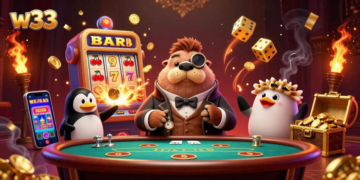 w33 players enjoying a dynamic casino scene with a jolly walrus and sophisticated penguin dealer, amidst jackpot excitement.