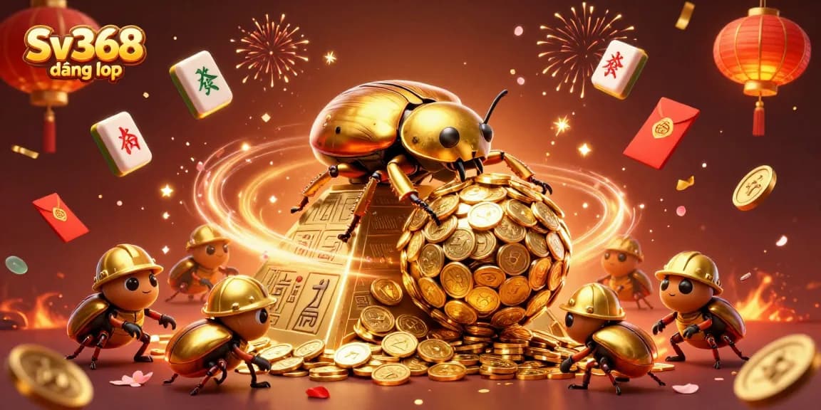 Engage with thrilling Sv368 đăng nhập experiences as golden beetles celebrate casino wins amidst festive gaming elements.