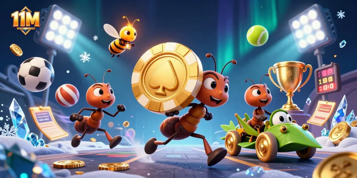 Bettors win big on the 11M gambling journey, featuring playful ants and golden rewards.