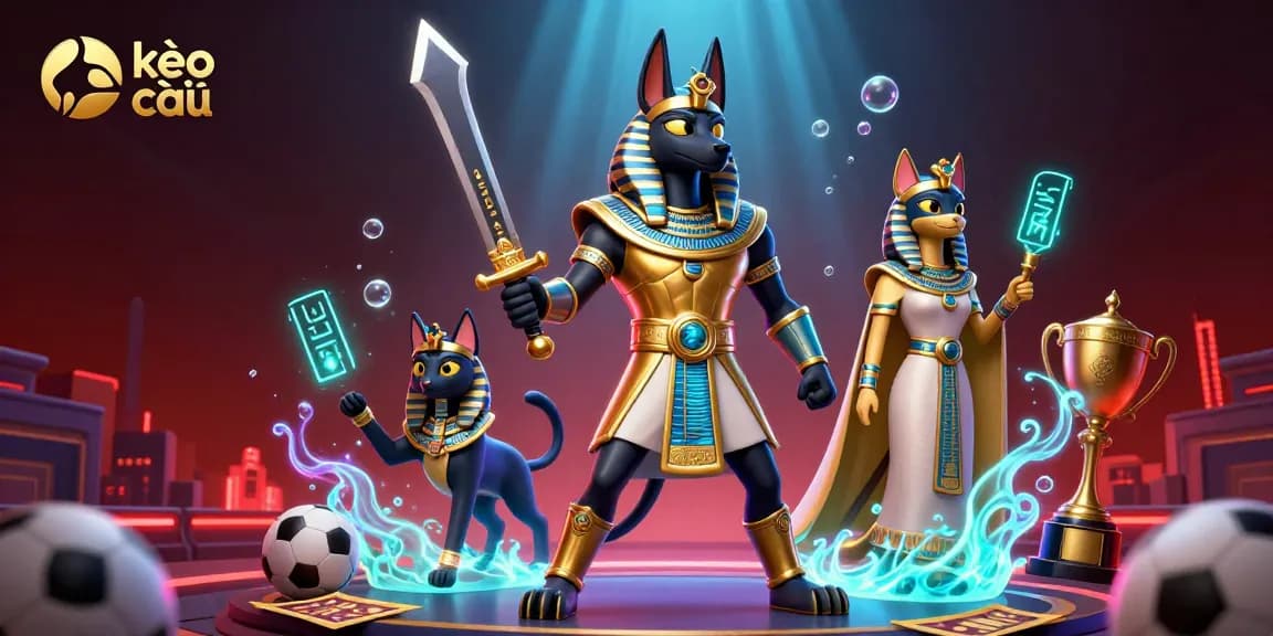 Immerse yourself in kèo nhà cái sports betting action with Anubis and Bastet surrounded by vibrant game elements.