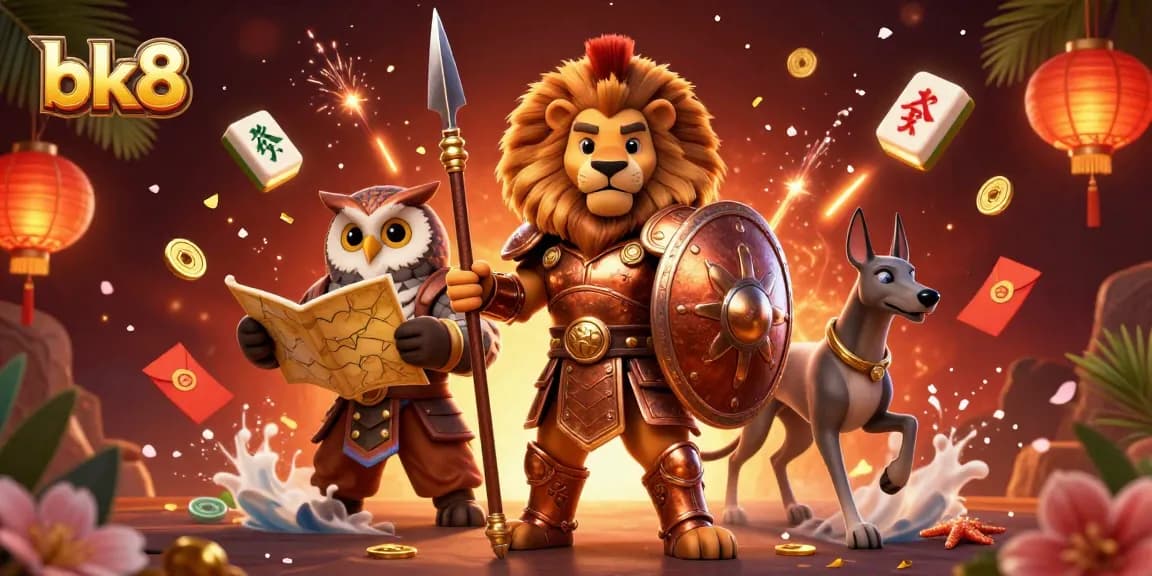 Experience thrilling action at bk8 with a vibrant 3D casino scene featuring a Spartan lion, owl strategist, and greyhound messenger.