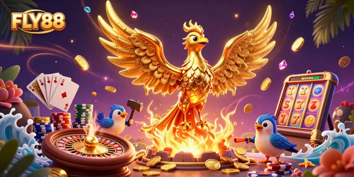 FLY88 thrills players with a dynamic 3D scene of a molten phoenix, golden coins, and exciting casino elements.
