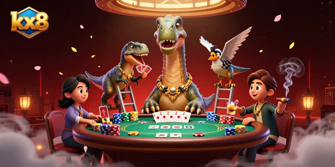 Engage in thrilling card games with kx8 while a humorous brontosaurus watches over an exciting poker table.