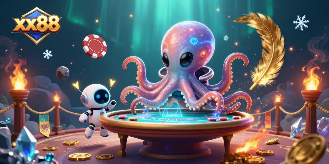 Engage with the vibrant world of xx88 through a dynamic poker scene featuring an alien octopus and its robot companion.