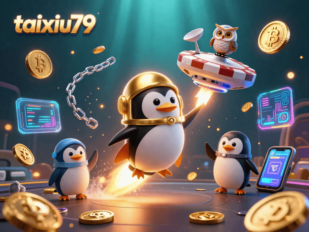 Join the exciting taixiu79 casino experience with a golden penguin heading towards a vibrant poker chip space station.