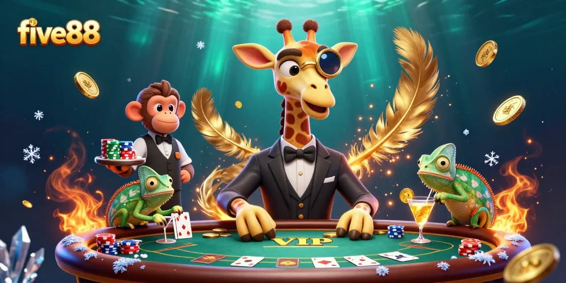Experience five88 with a high-roller giraffe at a VIP poker table amidst dazzling casino elements.