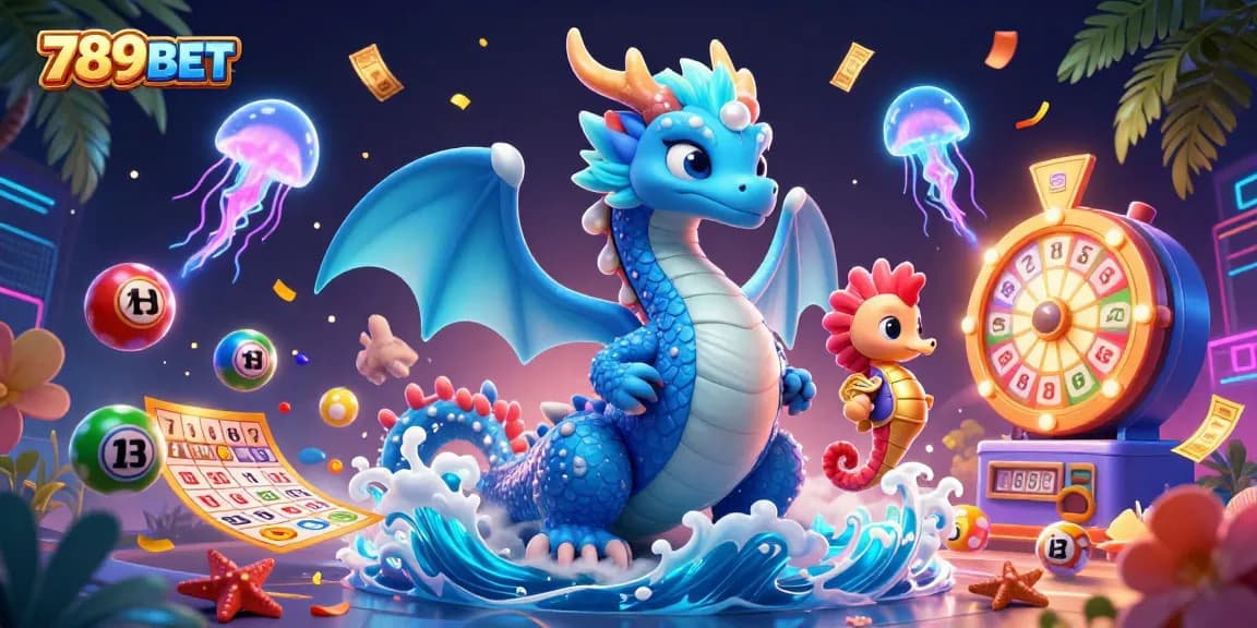 Engage with thrilling 789BET lottery excitement featuring a dragon, seahorse knight, and neon jellyfish.
