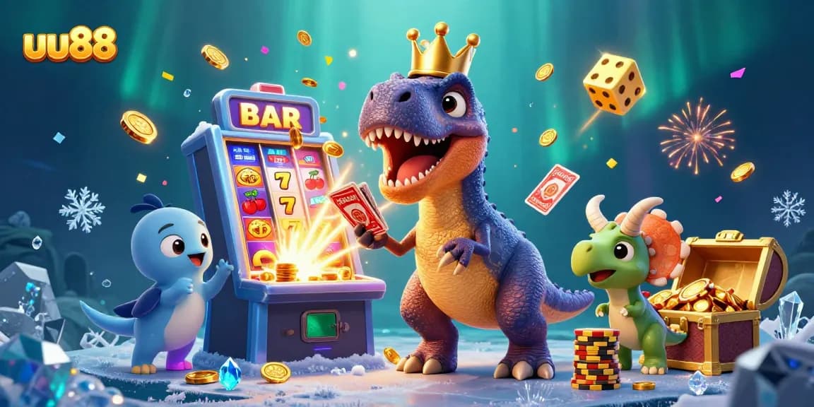 Experience excitement at uu88 with a T-Rex card shuffling amidst a jackpot explosion.