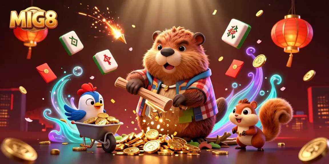 MIG8 offers thrilling experiences as a lucky beaver collects coins raining from a tree in a vibrant casino scene.