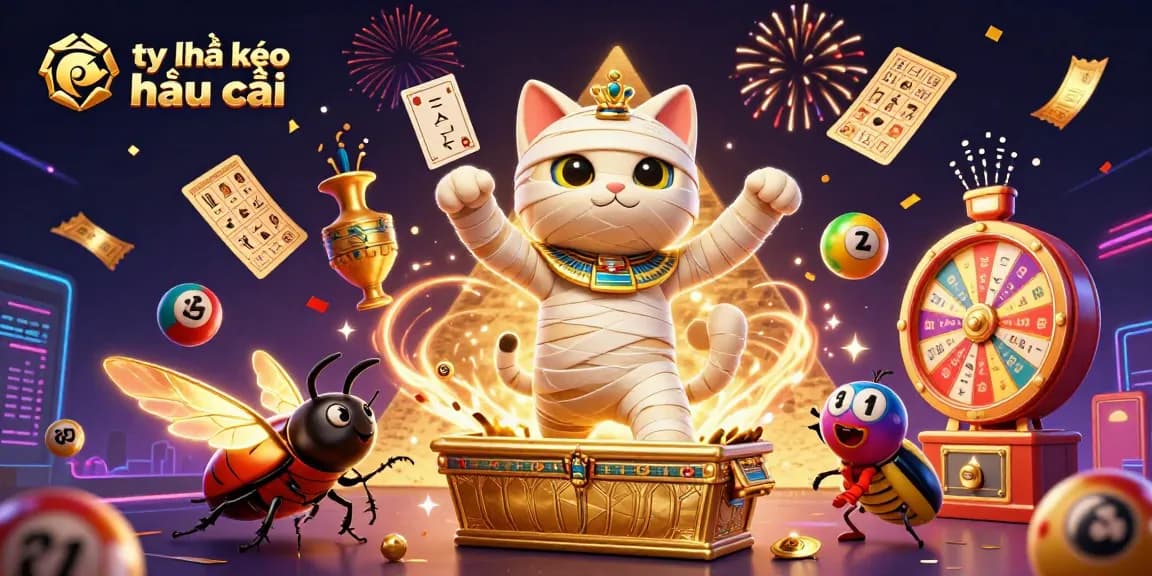 Explore thrilling tỷ lệ kèo nhà cái with an immersive 3D illustration of a mummy cat and elements of fortune.