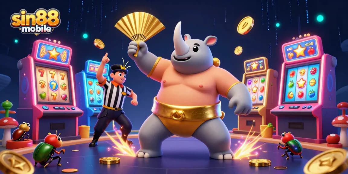 Engage with sin88-mobile as the rhinoceros beetle champion wins big in a vibrant slot machine scene.