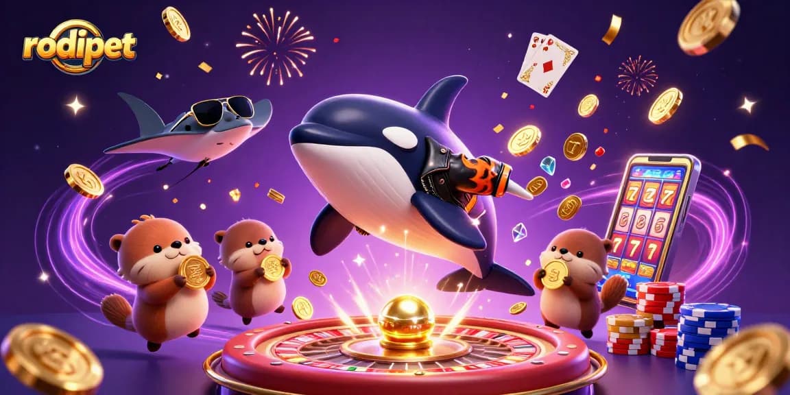 Experience the thrill of rodipet gaming with a lively orca and otters amidst cascading coins and roulette!