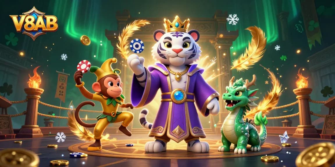Experience thrilling gaming action with V8AB’s vibrant 3D casino scene featuring a lively tiger and monkey.