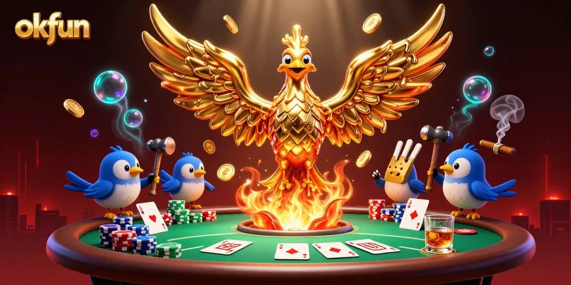 Experience the thrill of okfun with a golden phoenix and dazzling poker scene showcasing dynamic gaming elements.