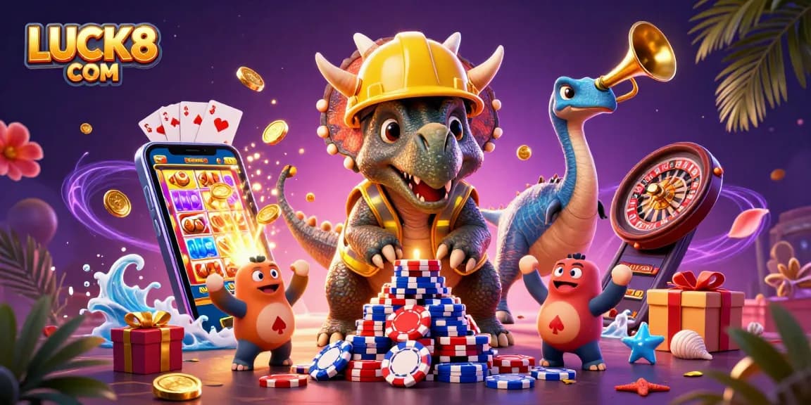 Experience the thrilling excitement of LUCK8 COM as triceratops builds a tower of poker chips amidst vibrant casino elements.
