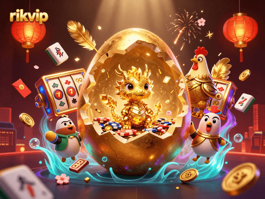 Play rikvip at this vibrant casino illustration featuring a golden dragon, poker chips, and festive elements.