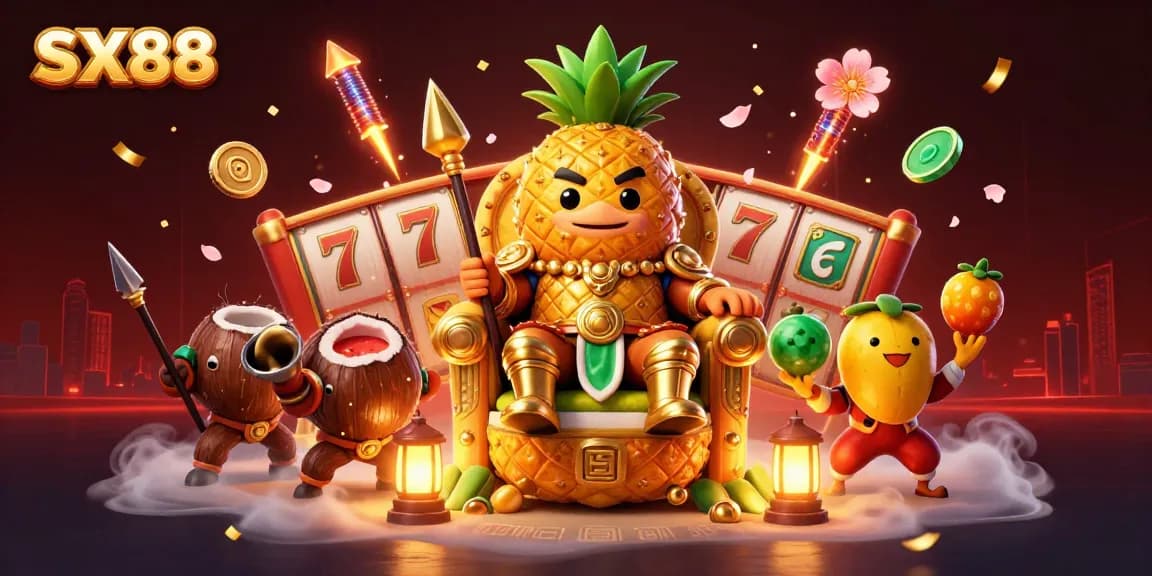 SX88 showcases a vibrant online casino experience with a golden pineapple king and dynamic slot elements.
