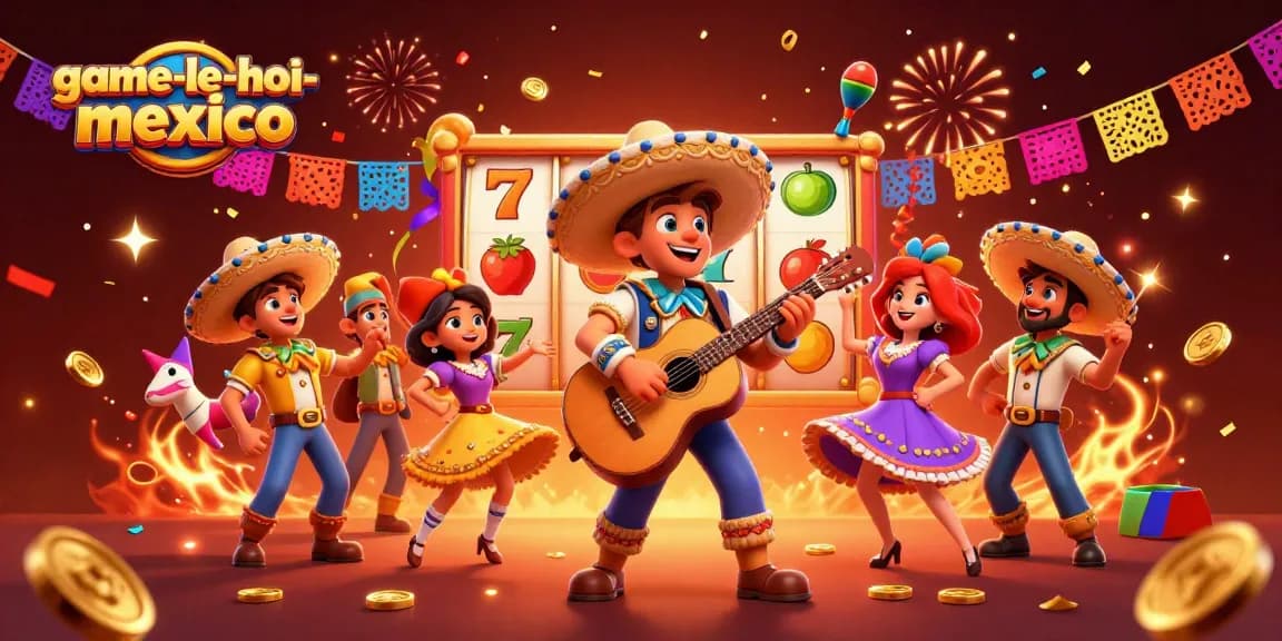 Experience game-le-hoi-mexico with a vibrant festival scene filled with slot reels and lively characters.