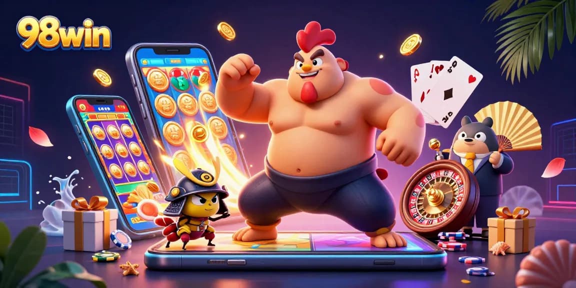 Engage with 98win's vibrant casino experience featuring dynamic gameplay elements and characters.