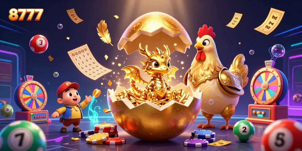 Bet on 8777 and win big with a dazzling baby dragon and vibrant casino elements in a 3D illustration.