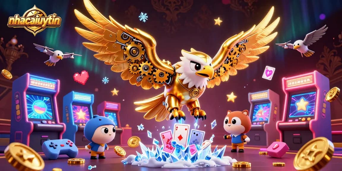 Engage with nhacaiuytin as a golden eagle dives amid dynamic casino elements, illustrating the thrill of gaming.