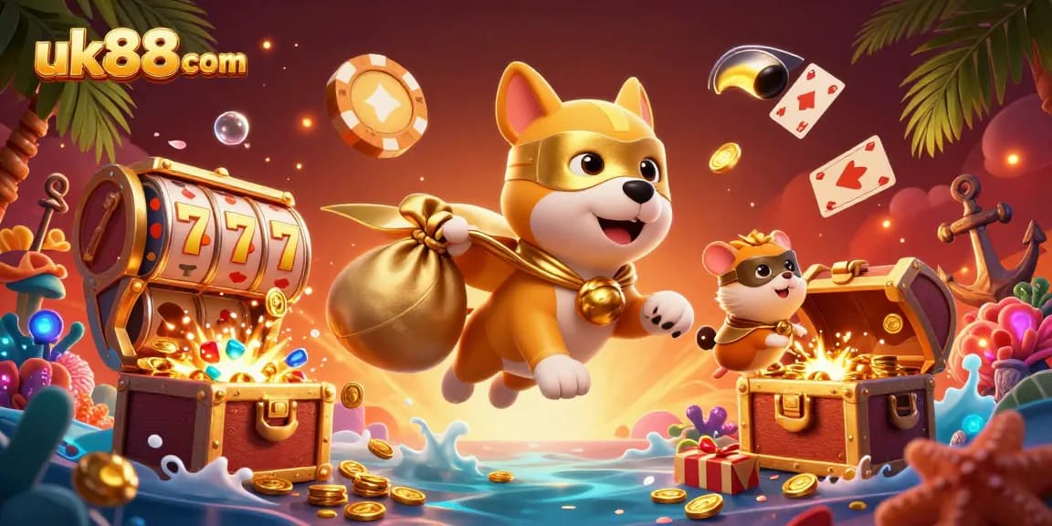 The superhero dog and hamster showcasing uk88 com in a vibrant casino scene with dynamic game elements.